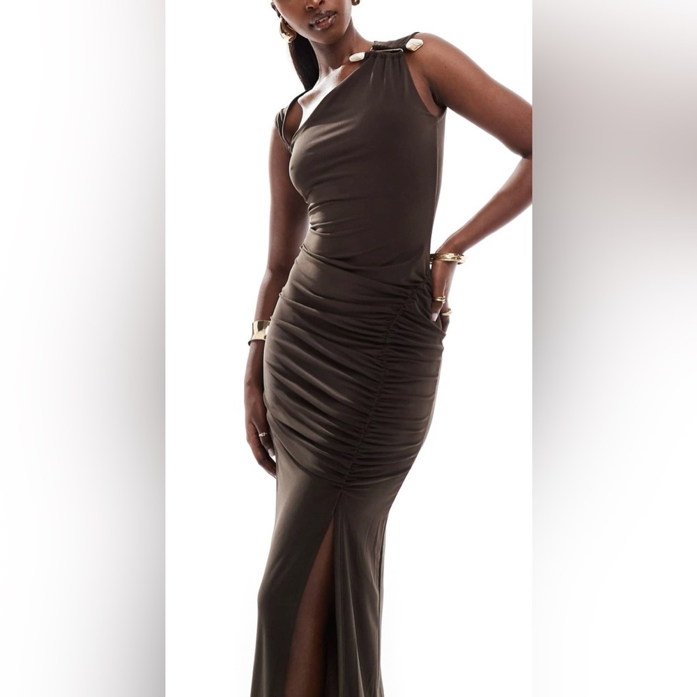 ASOS DESIGN asymmetric neckline maxi dress with quartz trim in chocolate